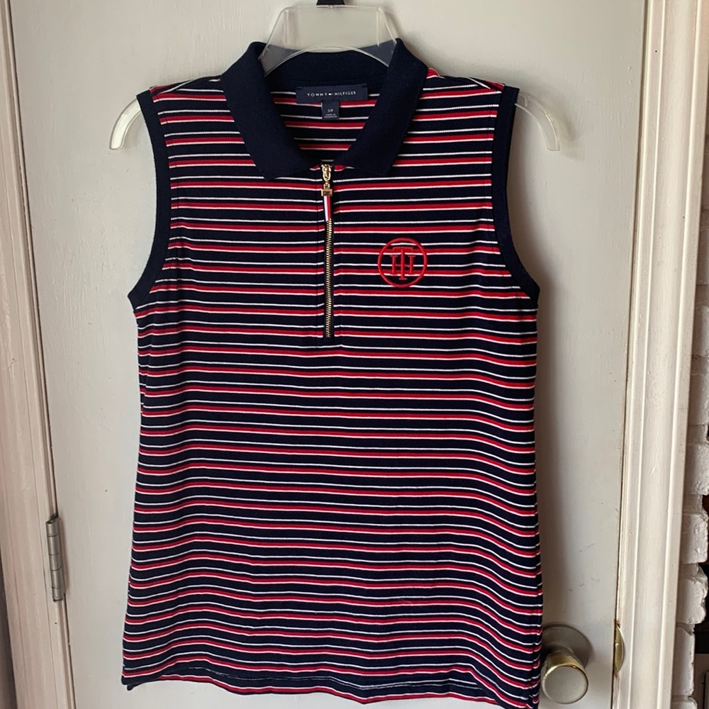 Tommy Hilfiger striped sleeveless polo top shirt with 3/4 zip.